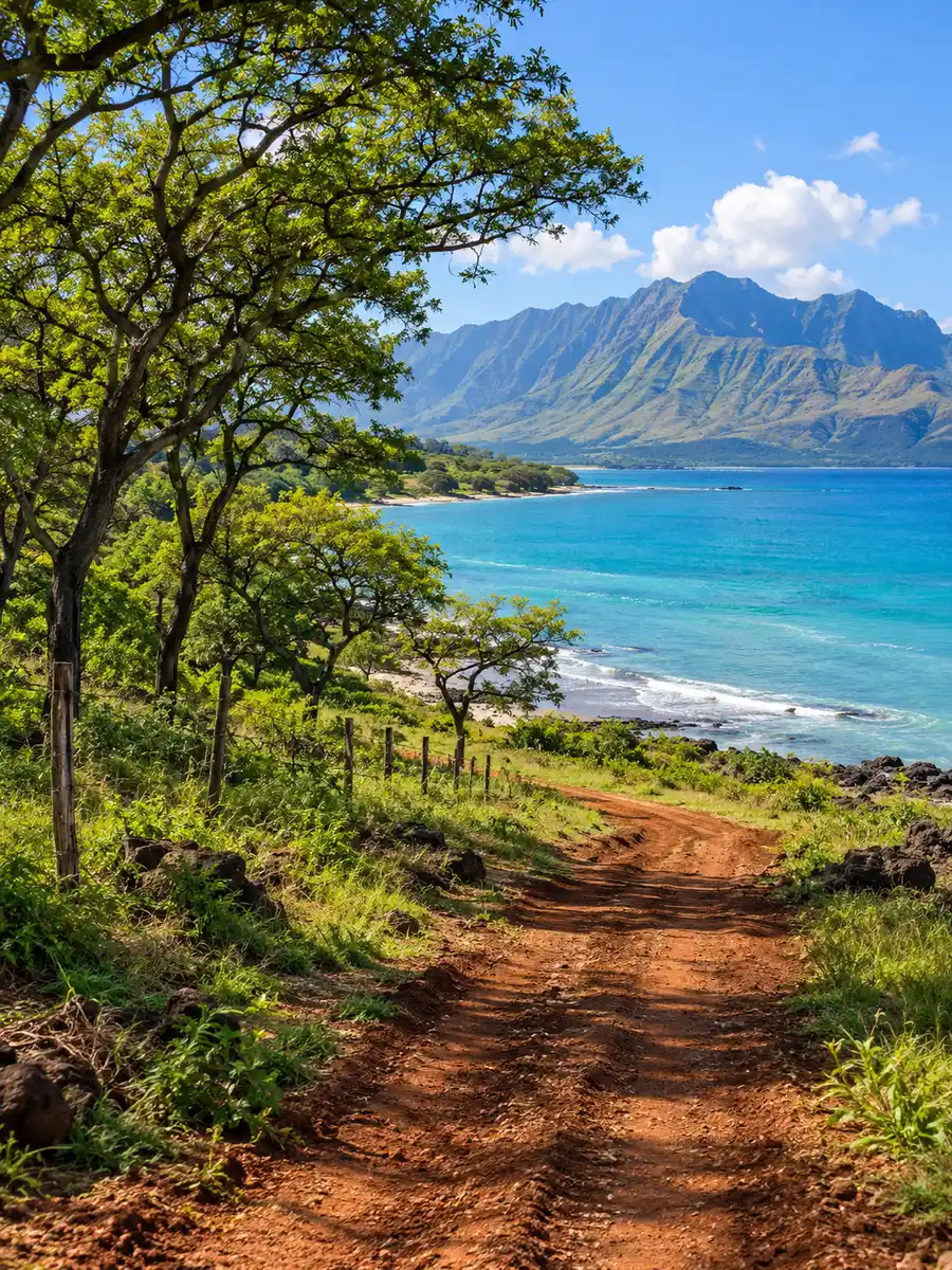 Un sendero de tierra roja que baja entre árboles hacia una bahía turquesa de la North Shore