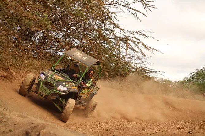 Un buggy côte à côte soulevant de la poussière sur un parcours de terre