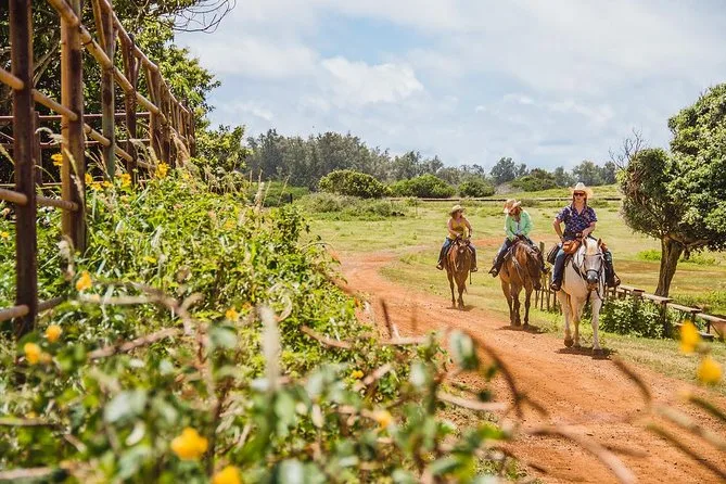 A line of riders on horseback crossing a green field